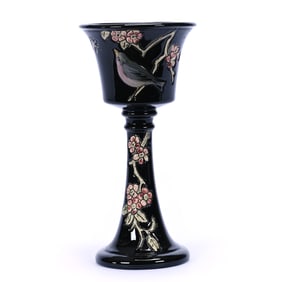 Chalice Marked Weller Rosemont Art Pottery, Black Gloss With Colorful Bird, Branch And Blossom
