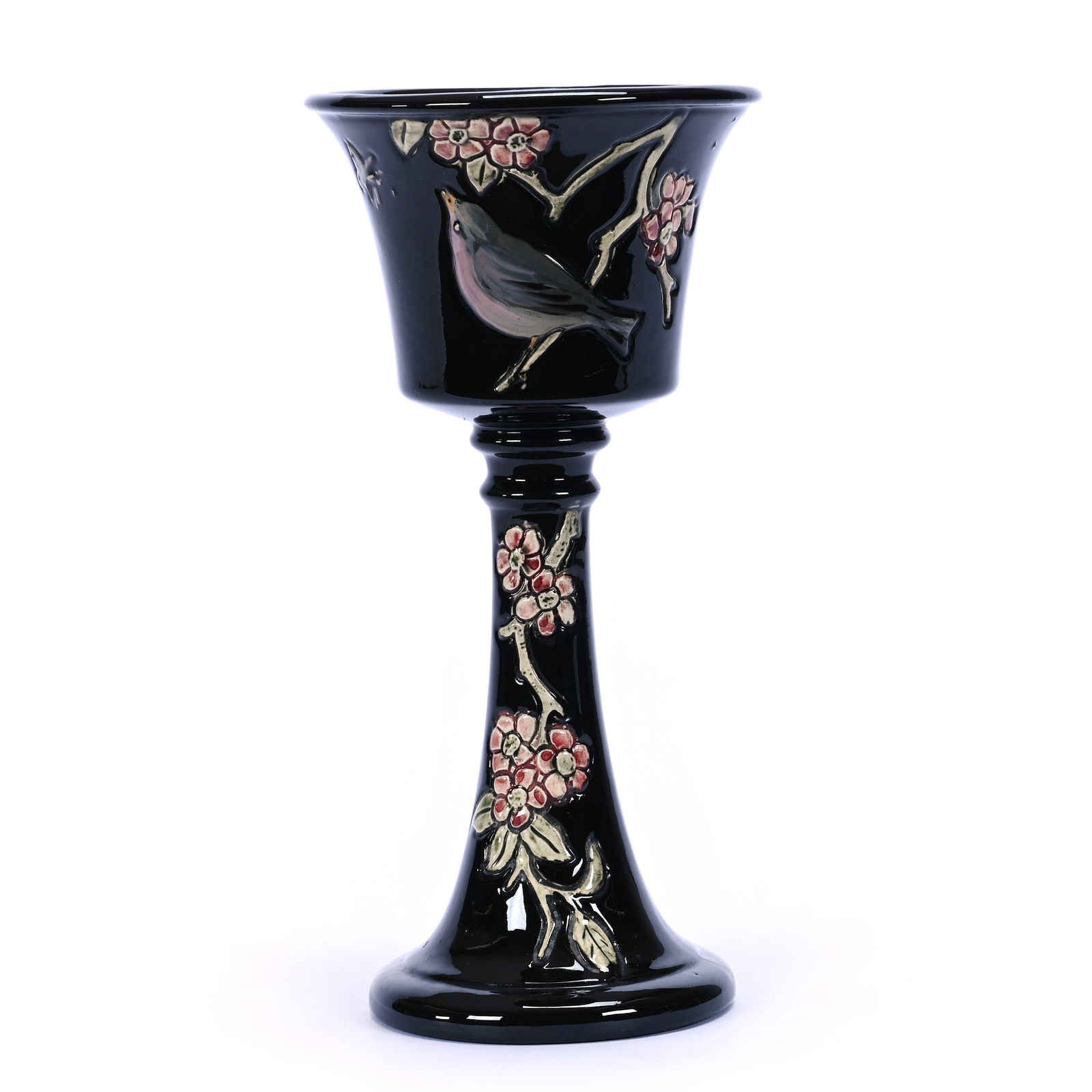 Chalice Marked Weller Rosemont Art Pottery, Black Gloss With Colorful Bird, Branch And Blossom (1 of 3)