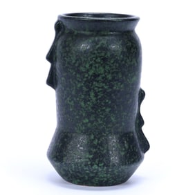 Vase, Unmarked Weller Coppertone Art Pottery, Offset Handles, Blue/Green On Weller Blank