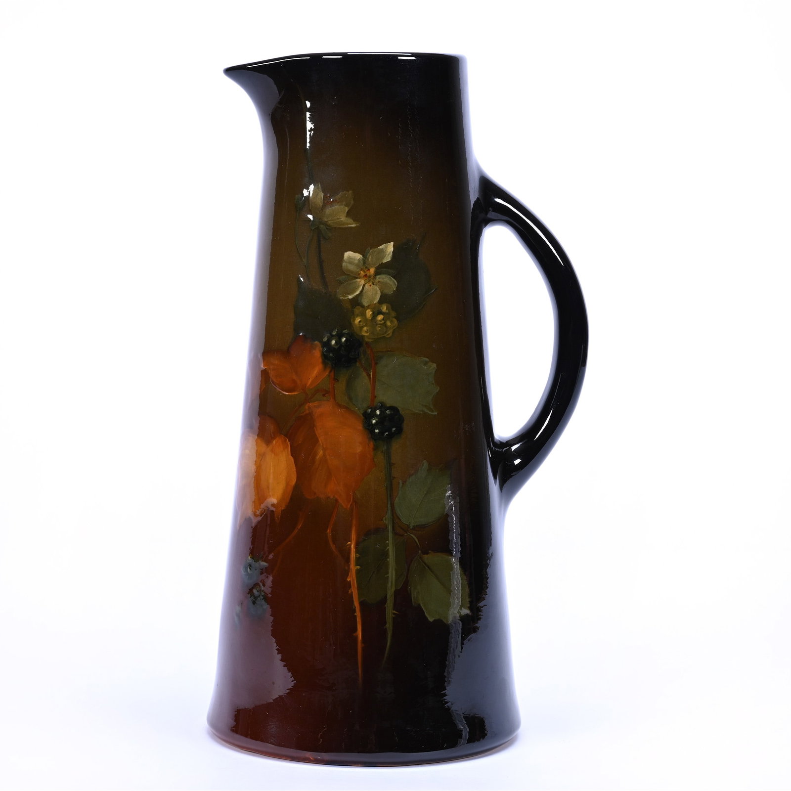 Tankard Marked Weller Louwelsa Art Pottery, Brown And Green Tones, Berry And Blossom Decor: Tankard Marked Weller Louwelsa Art Pottery, Brown And Green Tones, Berry And Blossom Decor, 12.25" x 6.75", Artist Mark Below Handle, Very Difficult To See Without Bright Light, Light Glaze Nick On Sp