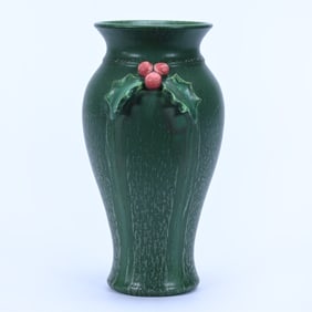 Vase Marked Door Faience Art Pottery, Green With Figural Holly Leaf And Berry Decor
