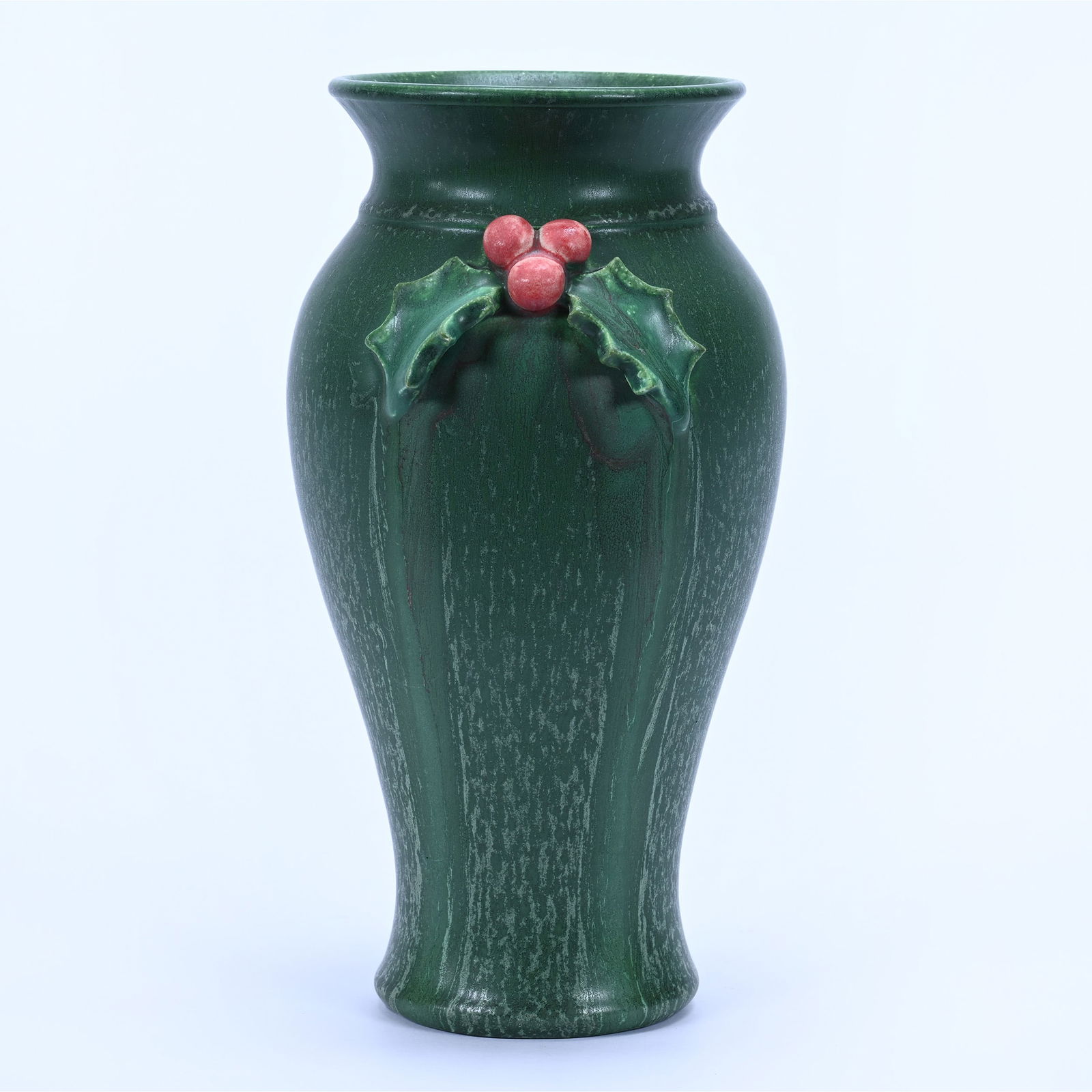 Vase Marked Door Faience Art Pottery, Green With Figural Holly Leaf And Berry Decor: Vase Marked Door Faience Art Pottery, Green With Figural Holly Leaf And Berry Decor, 7.75" x 4", California Private Collection.