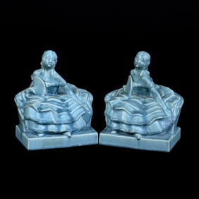Pair Bookends Marked Rookwood Art Pottery Dated 1932, Figural Bell, Blue Glaze
