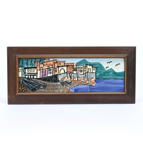 Set Of (3) Tiles, Harris Strong Art Pottery, Seaside Village Scenic Decor, Model #315