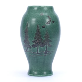 Vase Marked Door Art Pottery Product Development, Winter Pines In Green Glaze