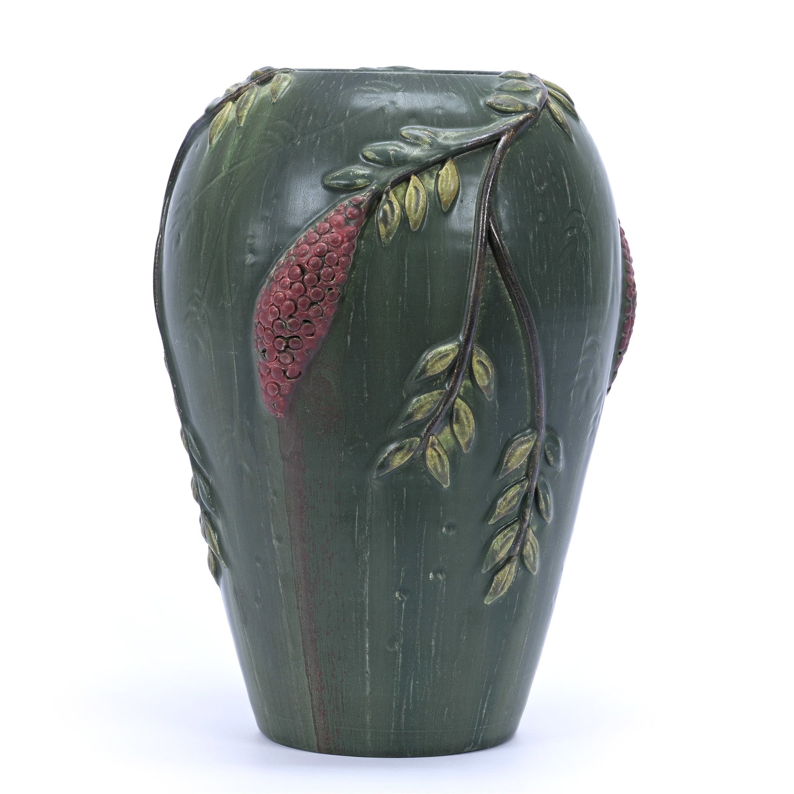 Vase Marked Ephraim Art Pottery, 10th Anniversary 2006-2007 Limited Edition Of 193 Only: Vase Marked Ephraim Art Pottery, 10th Anniversary 2006-2007 Limited Edition Of 193 Only, 8.5" x 6", Green Glaze With Red Pepper Berry Decor, Model #609, California Private Collection.