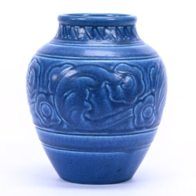 Vase Marked Rookwood Art Pottery Dated 1930, Dark Blue Matte Glaze, Floral Design