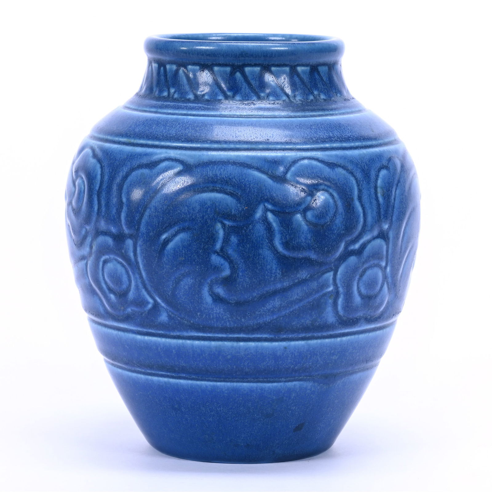 Vase Marked Rookwood Art Pottery Dated 1930, Dark Blue Matte Glaze, Floral Design (1 of 3)