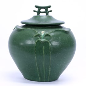 Covered Jar Marked Ephraim Art Pottery, Leaf Green Glaze, Budding Lotus Design