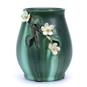 Vase Marked Ephraim Art Pottery, Apple Blossom Design, Leaf Green Glaze