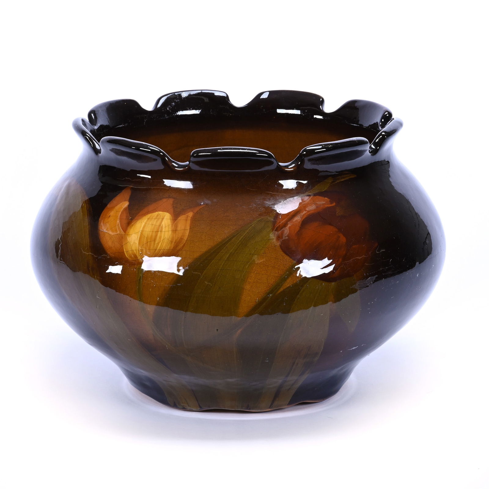 Jardiniere, Unmarked Owens Art Pottery, Standard Glaze, Tulip Decor (1 of 3)