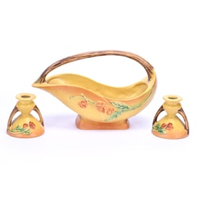 Console Set, Three Piece, Marked Roseville Art Pottery Bittersweet Pattern