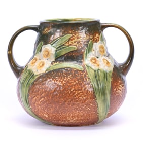 Vase, Two Handles, Unmarked Roseville Art Pottery, Jonquil Pattern
