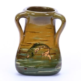 Vase Marked Hunter (Weller) Art Pottery, Dickensware, Green And Cream With Fish Decor
