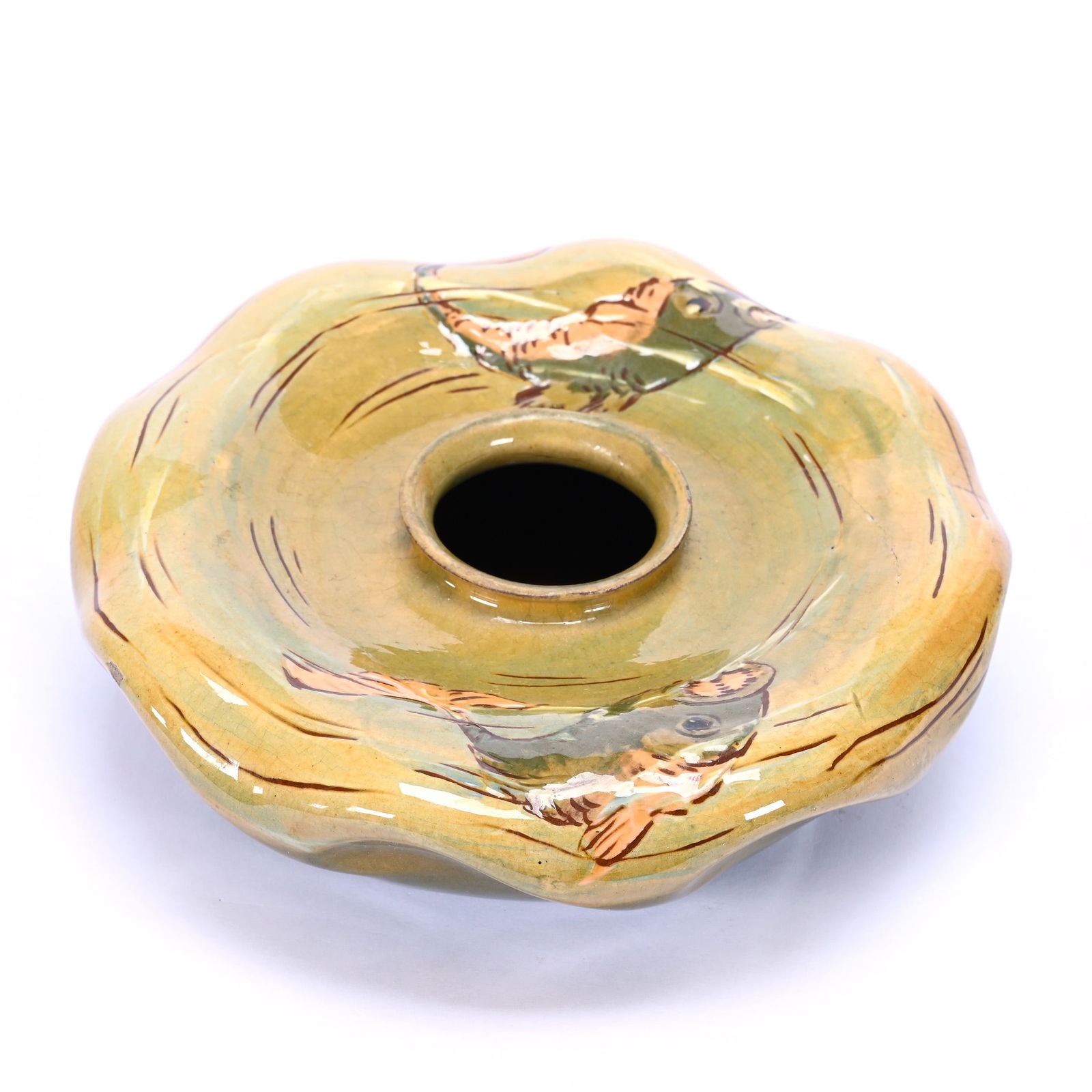 Squat Vase Marked Hunter (Weller) Art Pottery, Green And Cream Tones, Fish Decor (1 of 4)