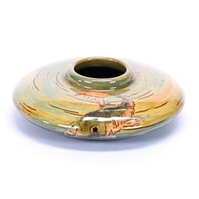 Squat Vase Marked Hunter (Weller) Art Pottery, Green And Cream Tones, Fish Decor