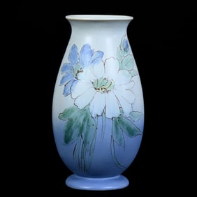 Vase Marked Weller Hudson-Perfecto Art Pottery, Blue And White With Floral Decor
