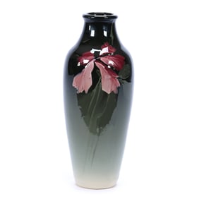 Vase, Unmarked Weller Eocean Art Pottery, Dark Green Shading To White, Pink Floral Decor