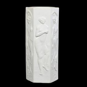 Vase, Six-Sided, Marked Weller Narona Pattern Art Pottery, White Glaze With Embossed Nudes