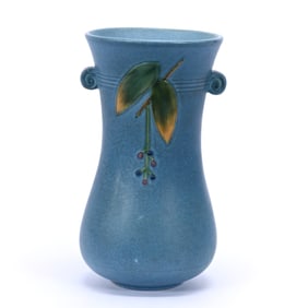 Vase Marked Weller Cornish Pattern Art Pottery, Blue Background