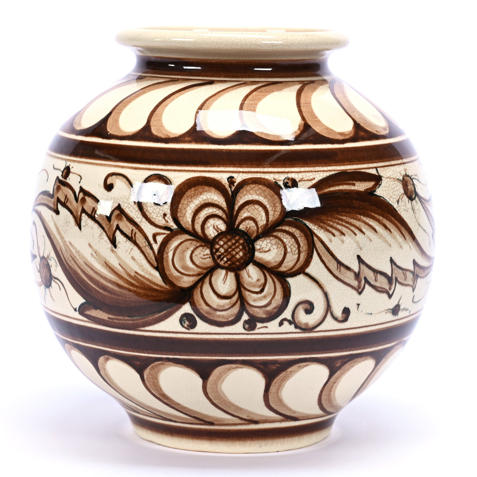 Vase Marked Weller Dedonatis Hudson Art Pottery: Vase Marked Weller Dedonatis Hudson Art Pottery, 9" x 8.5", Brown & Cream Tones, Artist Signed, Circa 1930's, California Private Collection.