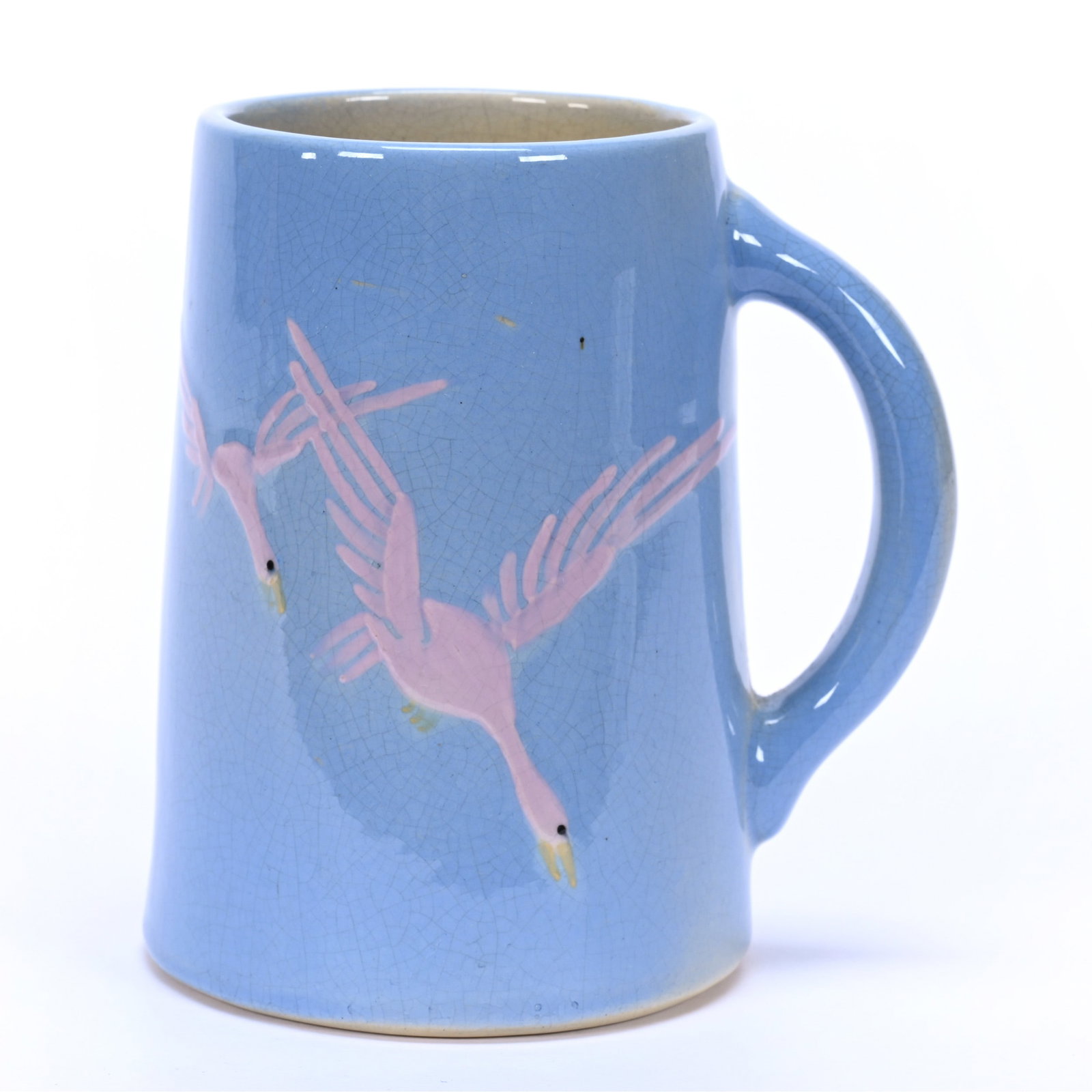 Mug, Unmarked Weller Art Pottery, Jap Birdinal Pattern, Light Blue Glaze, Pink Geese Decor: Mug, Unmarked Weller Art Pottery, Jap Birdinal Pattern, Light Blue Glaze, Pink Geese Decor, 5.25" x 4.75", Circa 1904, California Private Collection.