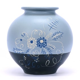 Vase Marked Weller Art Pottery, Raceme Pattern, Blue And Black With Stylized Floral Decor