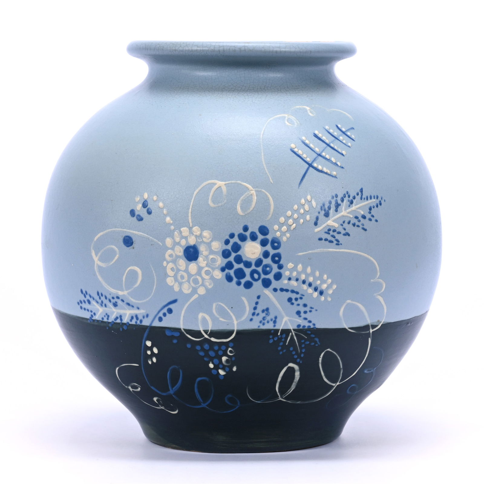 Vase Marked Weller Art Pottery, Raceme Pattern, Blue And Black With Stylized Floral Decor (1 of 3)