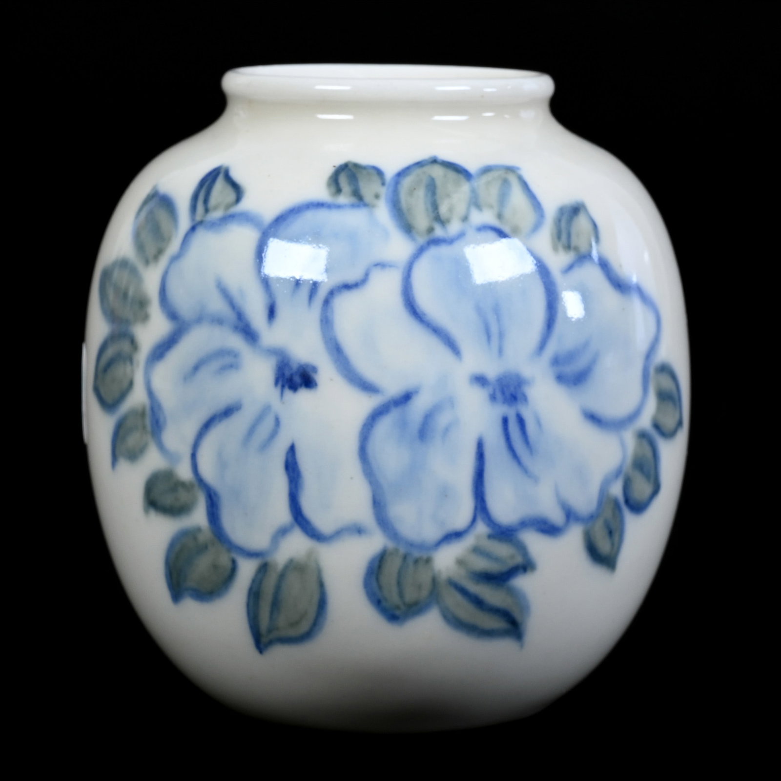 Vase Marked Rookwood Art Pottery Dated 1944, Ivory Jewel Porcelain, Blue Floral Decor: Vase Marked Rookwood Art Pottery Dated 1944, Ivory Jewel Porcelain, Blue Floral Decor, 4.5" x 4", Artist Signed Wilhelmine Rehm, California Private Collection.