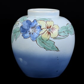 Vase Marked Weller Art Pottery, Hudson Perfecto Pattern, Blue And White, Pansy Decor