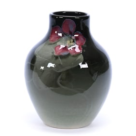 Vase, Unmarked Weller Eocean Art Pottery, Green Glaze With Red Floral Decor