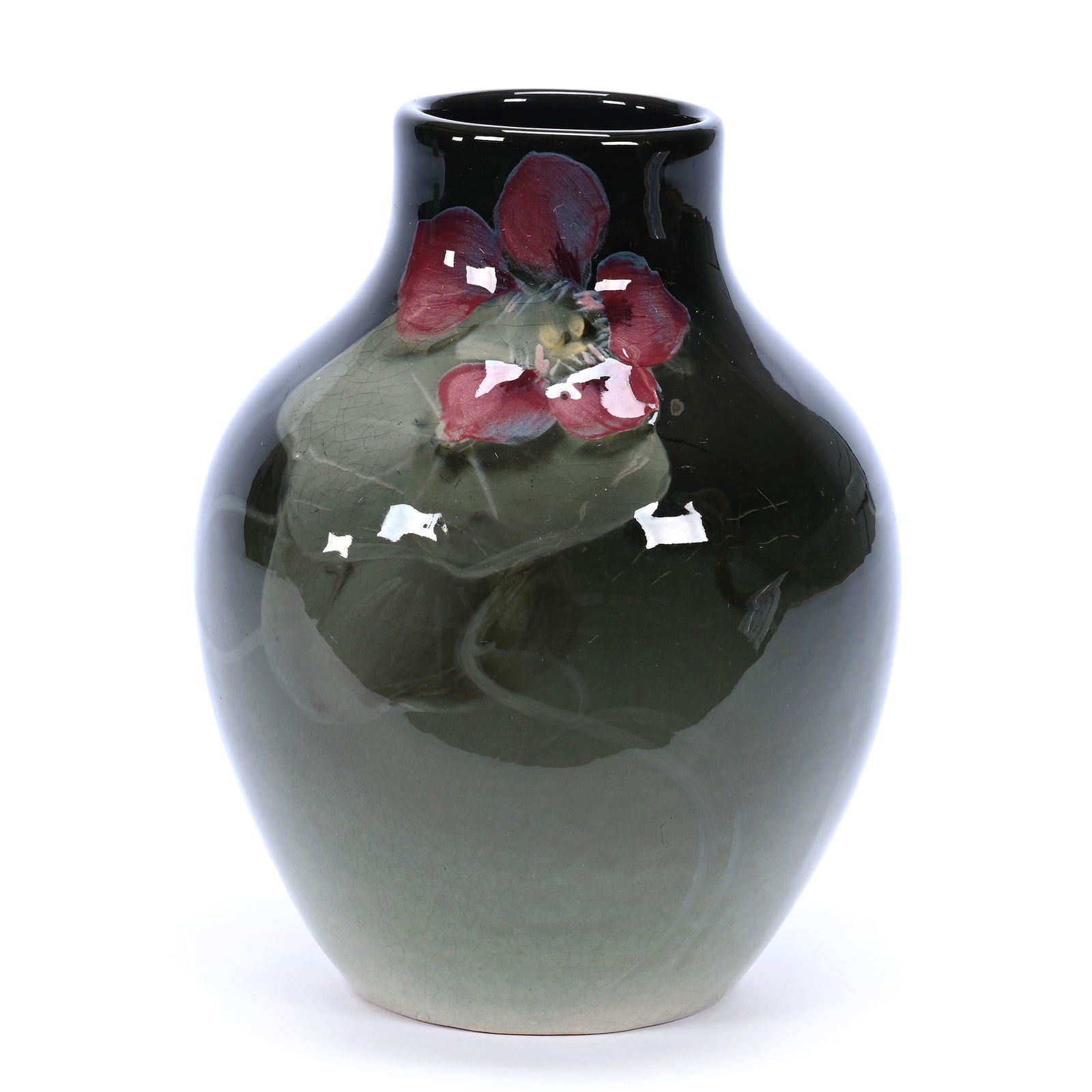 Vase, Unmarked Weller Eocean Art Pottery, Green Glaze With Red Floral Decor (1 of 3)