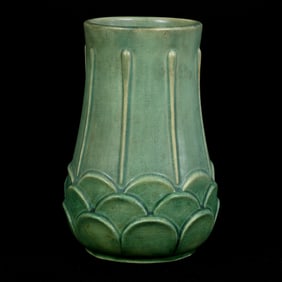 Vase Marked Weller Art Pottery, Manhattan Pattern, Green Glaze