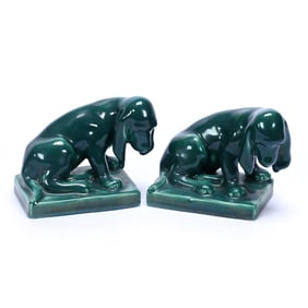 Pair Bookends Marked Rookwood Art Pottery Dated 1946, Emerald Green Glaze