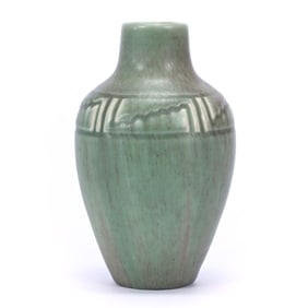 Vase Marked Rookwood Art Pottery Dated 1909, Green Matte Glaze, Incised Band