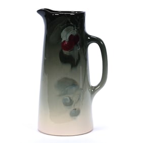 Tankard Marked Weller Art Pottery, Eocean, Green Shading To Cream, Cherry Branch Decor