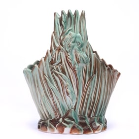 Basket Marked Weller Art Pottery, Ardsley Iris Pattern, Green And Brown Tones