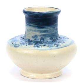 Vase Marked Weller Art Pottery, Hudson, Cream And Blue, Floral Decor