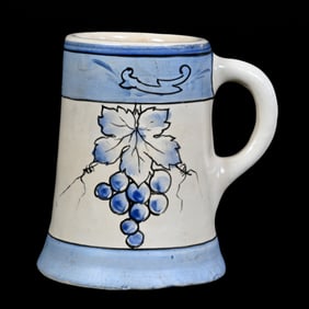 Mug, Unmarked Weller Art Pottery Creamware, Blue Bands With Vintage Decor