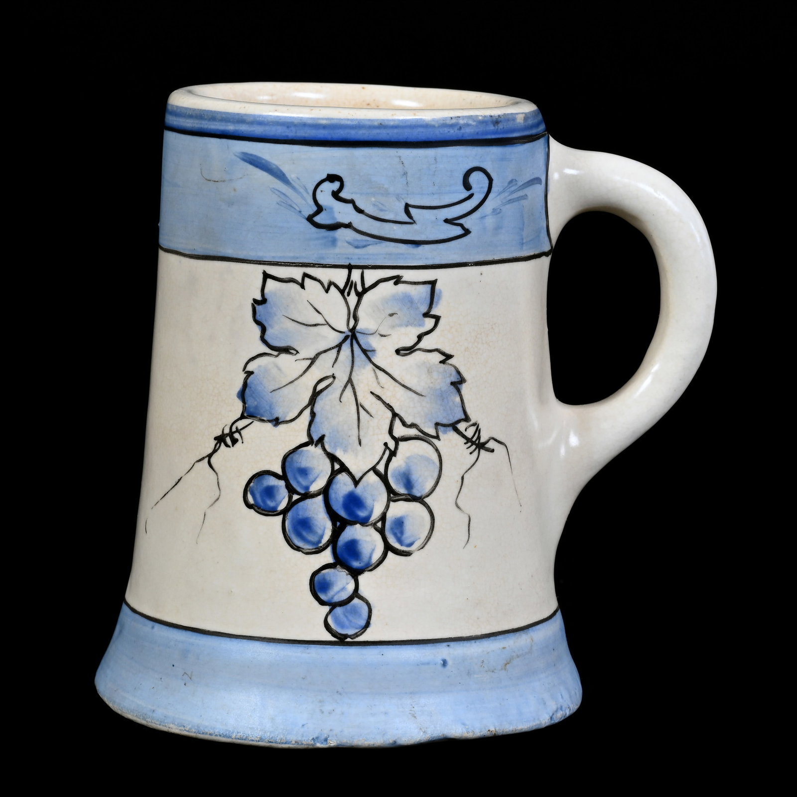 Mug, Unmarked Weller Art Pottery Creamware, Blue Bands With Vintage Decor: Mug, Unmarked Weller Art Pottery Creamware, Blue Bands With Vintage Decor, 4.75" x 5", California Private Collection.