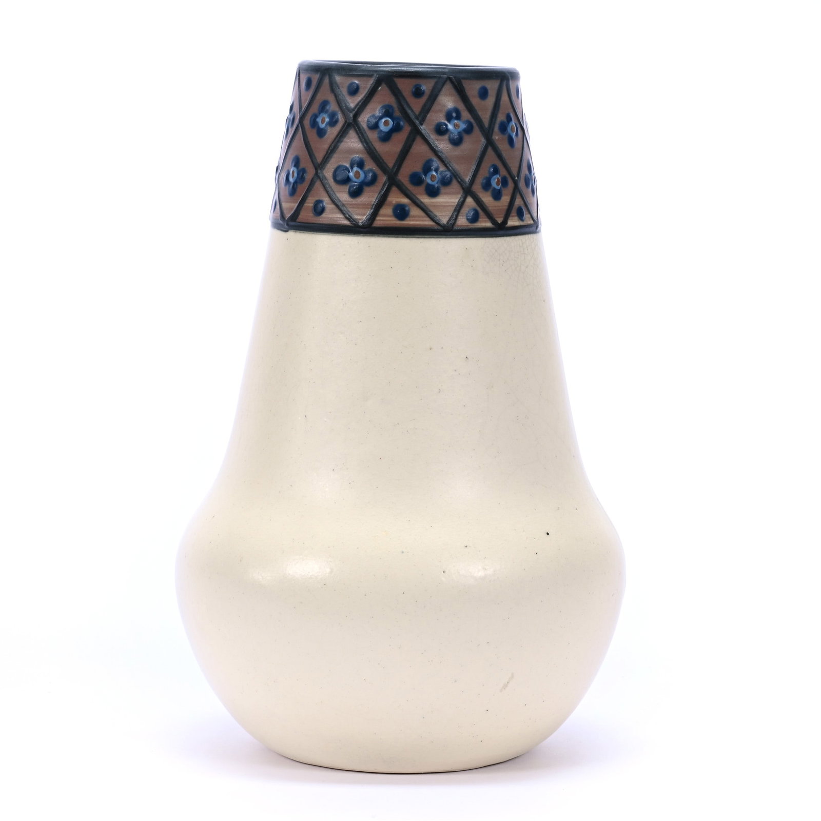 Vase Marked Weller Art Pottery, Hudson, White With Brown Border, Blue Floral And Lattice Design (1 of 3)