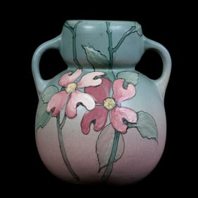 Vase, Two Handles, Marked Weller Art Pottery, Hudson, Green And Pink Tones, Pink Floral Decor