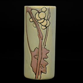 Cylinder Vase Marked Weller Art Pottery, Etched Matte, Olive Green Glaze, Vintage Decor