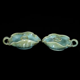 Pair Chamber Sticks Marked Fulper Art Pottery, Cucumber Green Crystaline Glaze