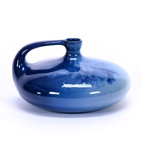Squat Handled Jug Marked Weller Art Pottery, Louwelsa, Blue Glaze With Floral Decor