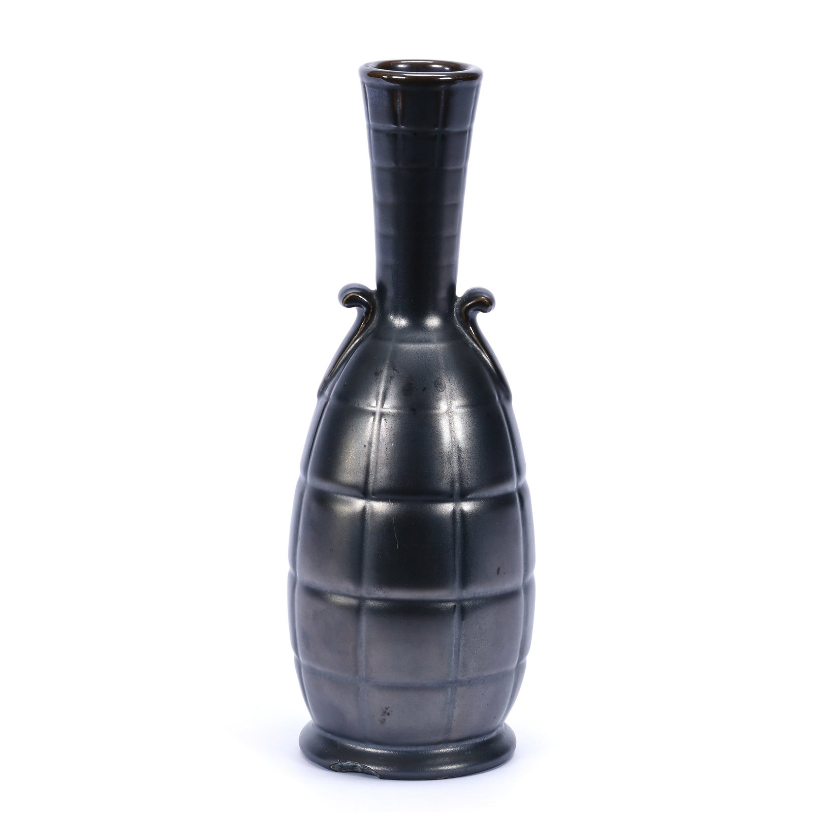 Vase Marked Weller Art Pottery, Grenade Shape Mold, Unusual Gun Metal Glaze: Vase Marked Weller Art Pottery, Grenade Shape Mold, Unusual Gun Metal Glaze, 9.5" x 3.25", Three Factory Stilt Pull Flaws On Base, Marks On Base Indicate An Experimental Piece, California Private Coll