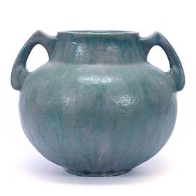 Vase, Two Handles, Unmarked Roseville Art Pottery, Carnelian II Pattern, Green, Blue And Pink Tones