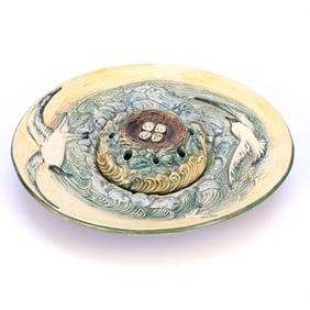 Console Bowl With Original Flower Frog Marked Weller Art Pottery, Glendale Pattern