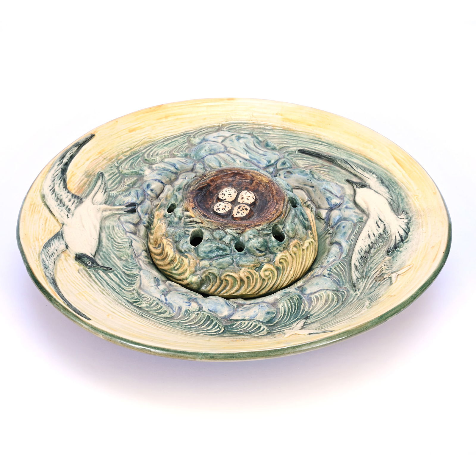 Console Bowl With Original Flower Frog Marked Weller Art Pottery, Glendale Pattern (1 of 3)