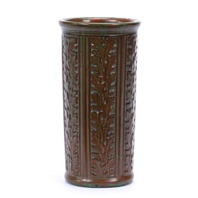 Cylinder Vase, Unmarked Weller Art Pottery, Orris Pattern, Brown And Green Tones